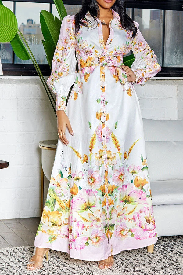 Floral Print Retro Belted Side Split Midi Dress