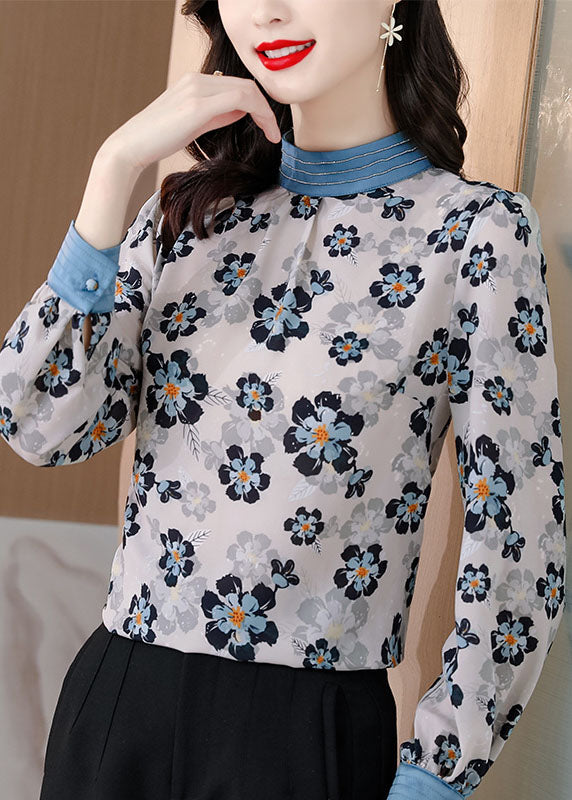 Finegina Elegant White Stand Collar Print Patchwork Chiffon Blouse Tops