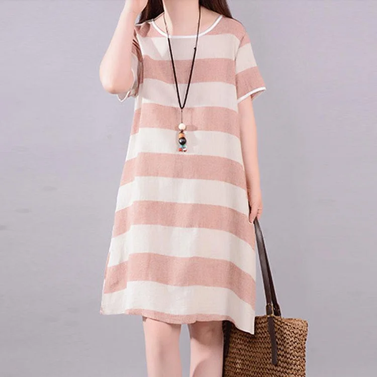 vintage linen dress plus size Red Stripe Short Sleeve Casual Cotton Flax Dress