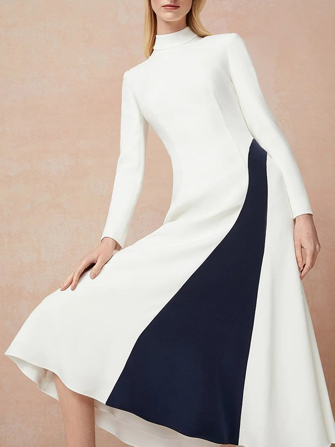 Turtleneck White A-Line Elegant Midi Dress