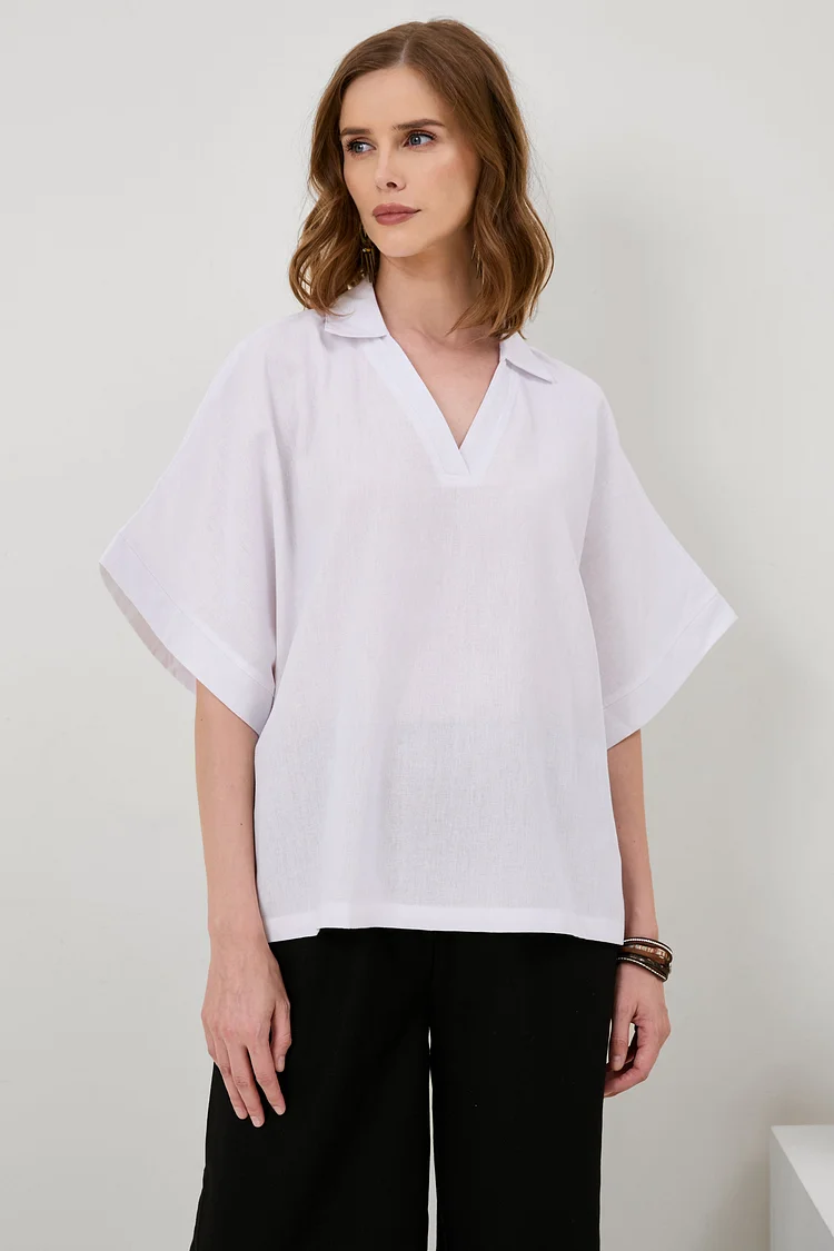 Cotton-Linen  V-Neck Solid Color T-Shirt[ Pre Order ]