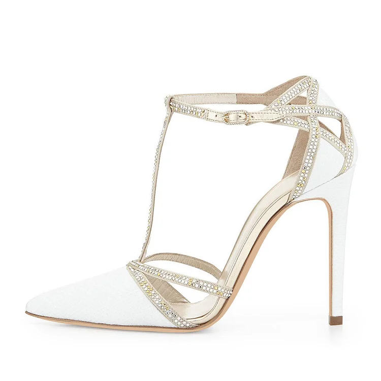 White Rhinestone T Strap Bridal Shoes Pointed Toe Stiletto Heel Pumps |FSJ Shoes