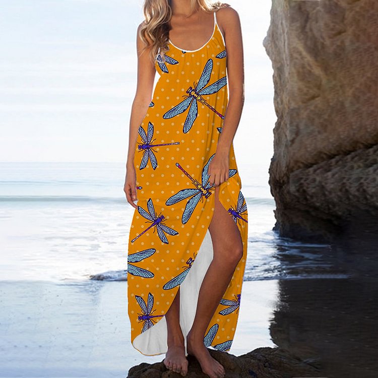 Dragonfly-Print Suspender Maxi Dress