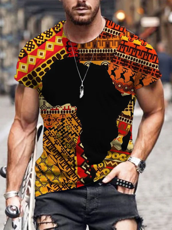 Men's African Map Silhouette Ethnic Print Casual Short Sleeve T-Shirt