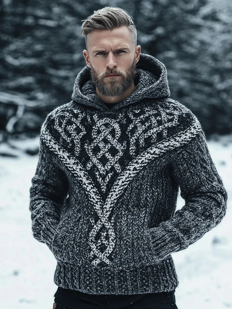 Men's Vintage Viking Inspired Celtic Knot Knit Hooded Sweater