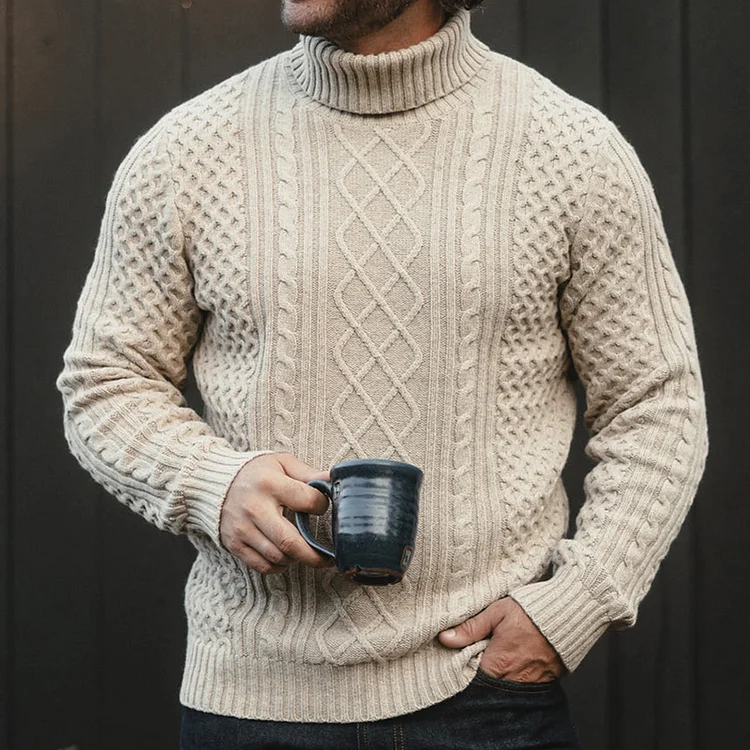 Men's Cable Knit Rollneck Aran Turtleneck Sweater