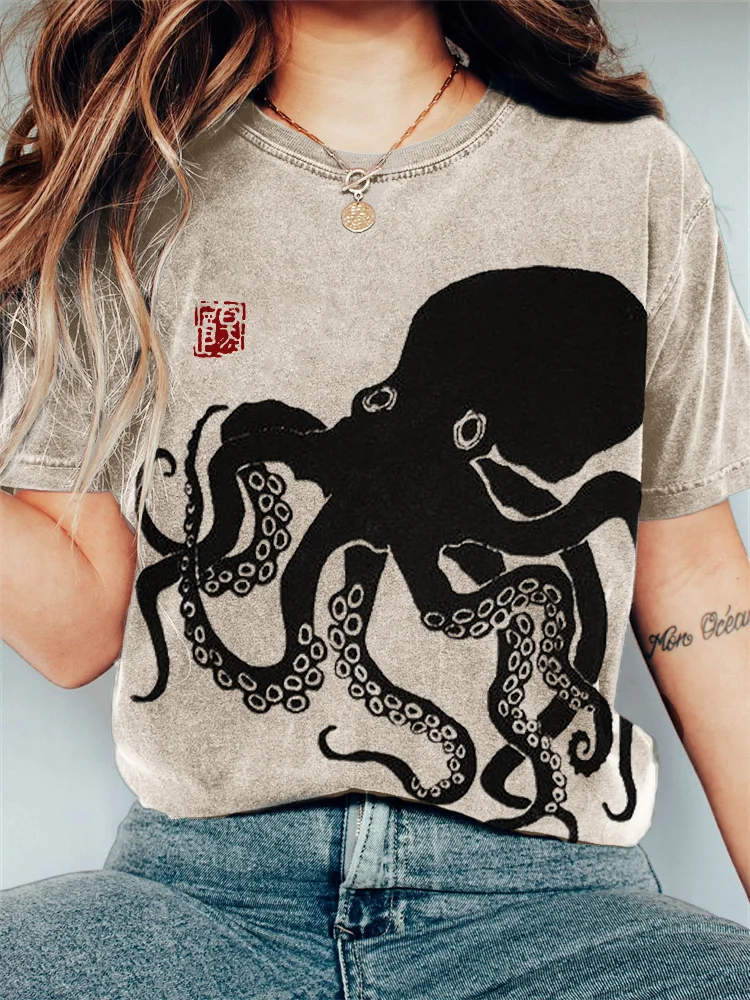 Comstylish Octopus Japanese Lino Art Vintage T Shirt