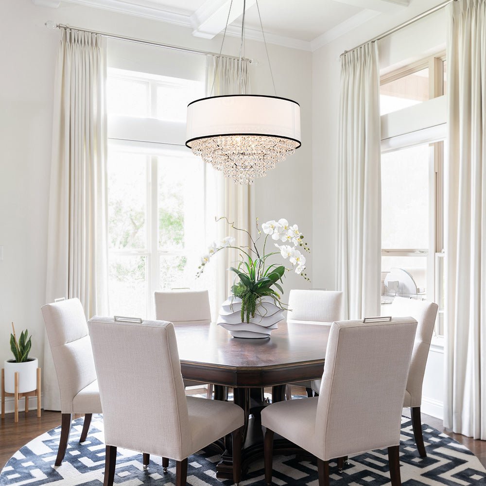 Crystal Accents White Fabric Drum Pendant