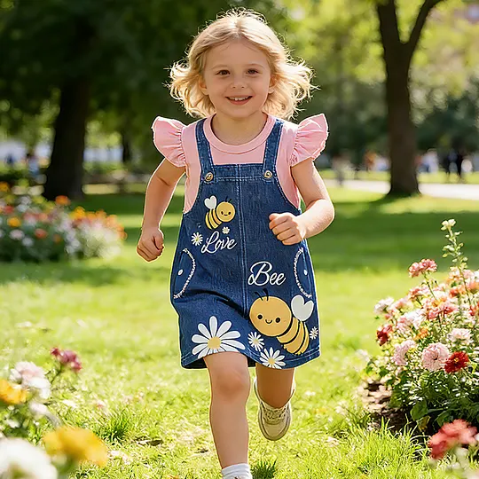 【6M-3Y】Girls' Casual Round Neck Dress With Bee Print And Flutter Sleeves