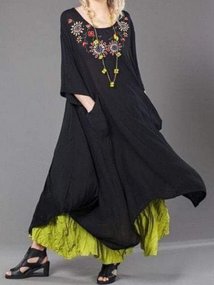 SocialShop Floral Print Round Neck Pocket Layered Hem Dress socialshop