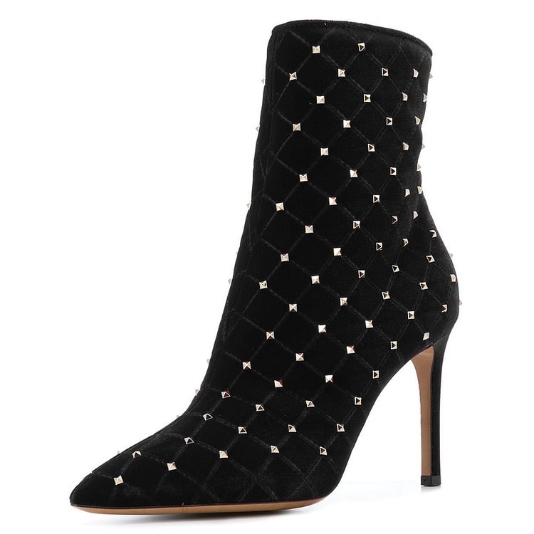 Black Velvet Studded Boots Stiletto Heel Ankle Booties |FSJ Shoes