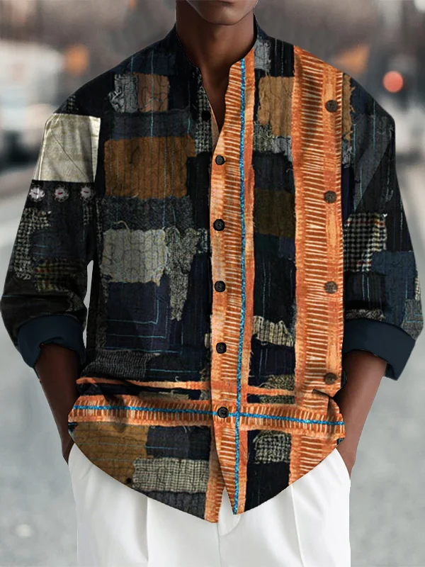 Men's Vintage Tribe Pattern Patchwork Art Print Long Sleeve Shirt