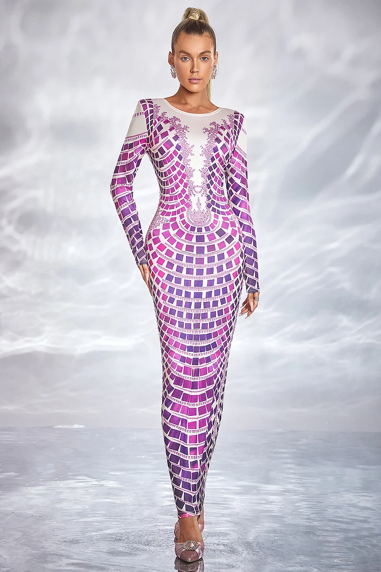 Patchwork Slim Fit Maxi Rhinestone Dress-Pink