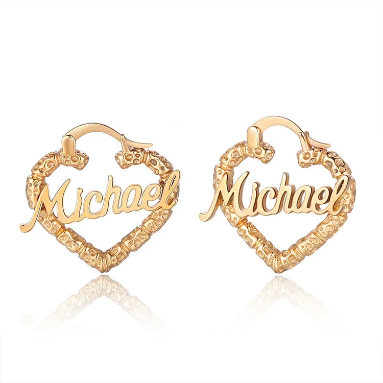 Personalized Heart Name Earrings Custom Bamboo Hoop Earrings for Women