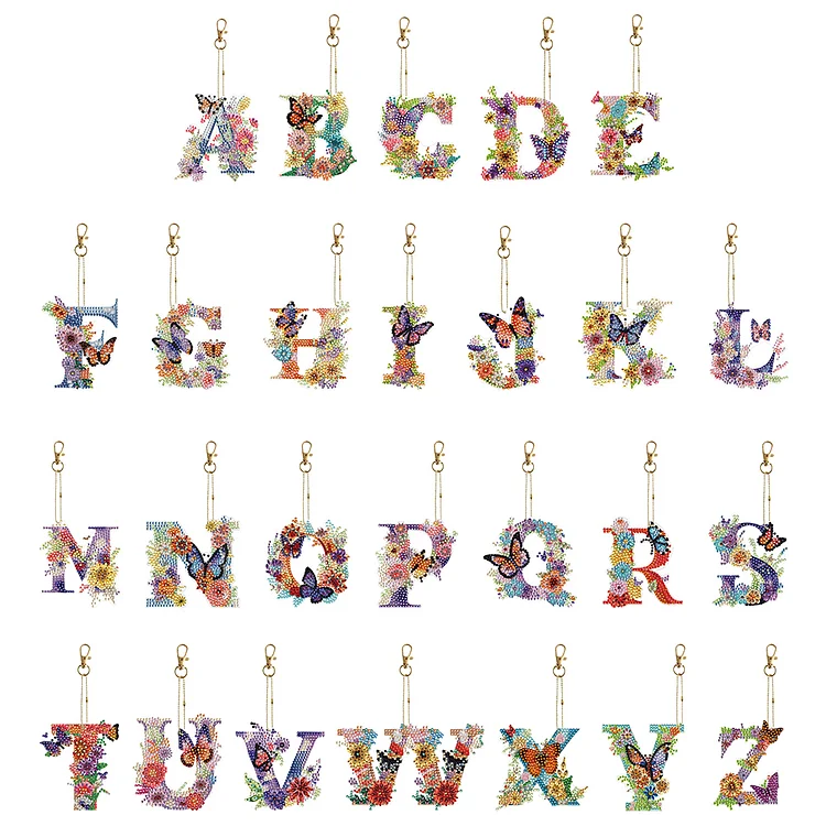 26pcs Art Crafts Diamond Pendant Key Chain Keyring Alphabet Flowers Double Sided gbfke