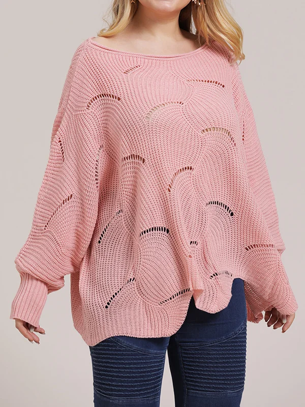 Hollow Solid Color Batwing Sleeves Long Sleeves Round-Neck Sweater Tops Pullovers Knitwear