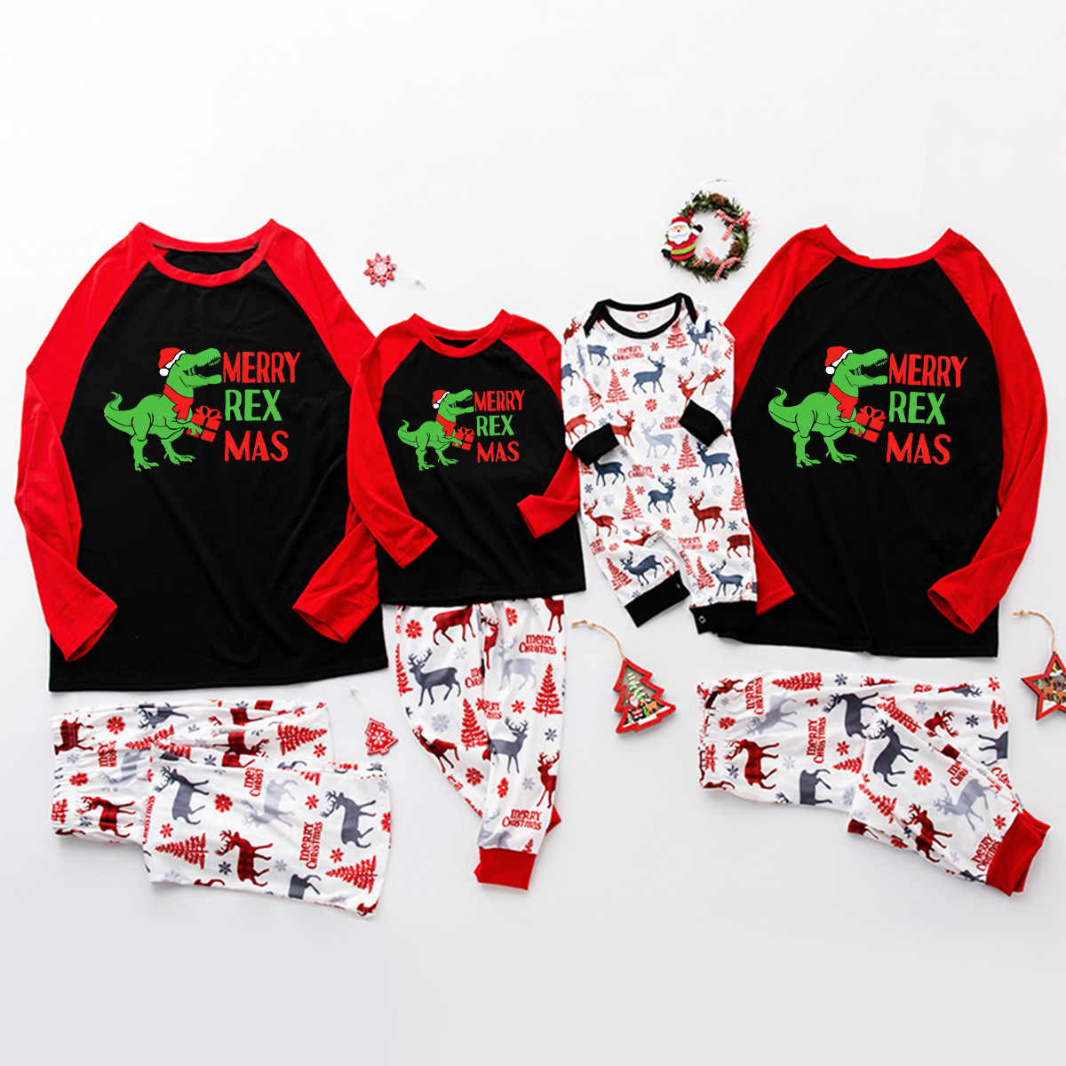 Merry Rex Mas Dinosaur Cartoon Print Christmas Family Pajamas Sets