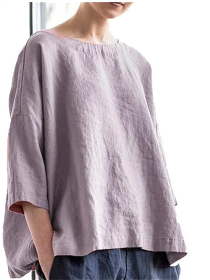 Women's Round Neck Cotton Linen Loose Tops with A Hundred Literary Retro Model Blouse Comfortable Casual Seven-point Sleeve Top