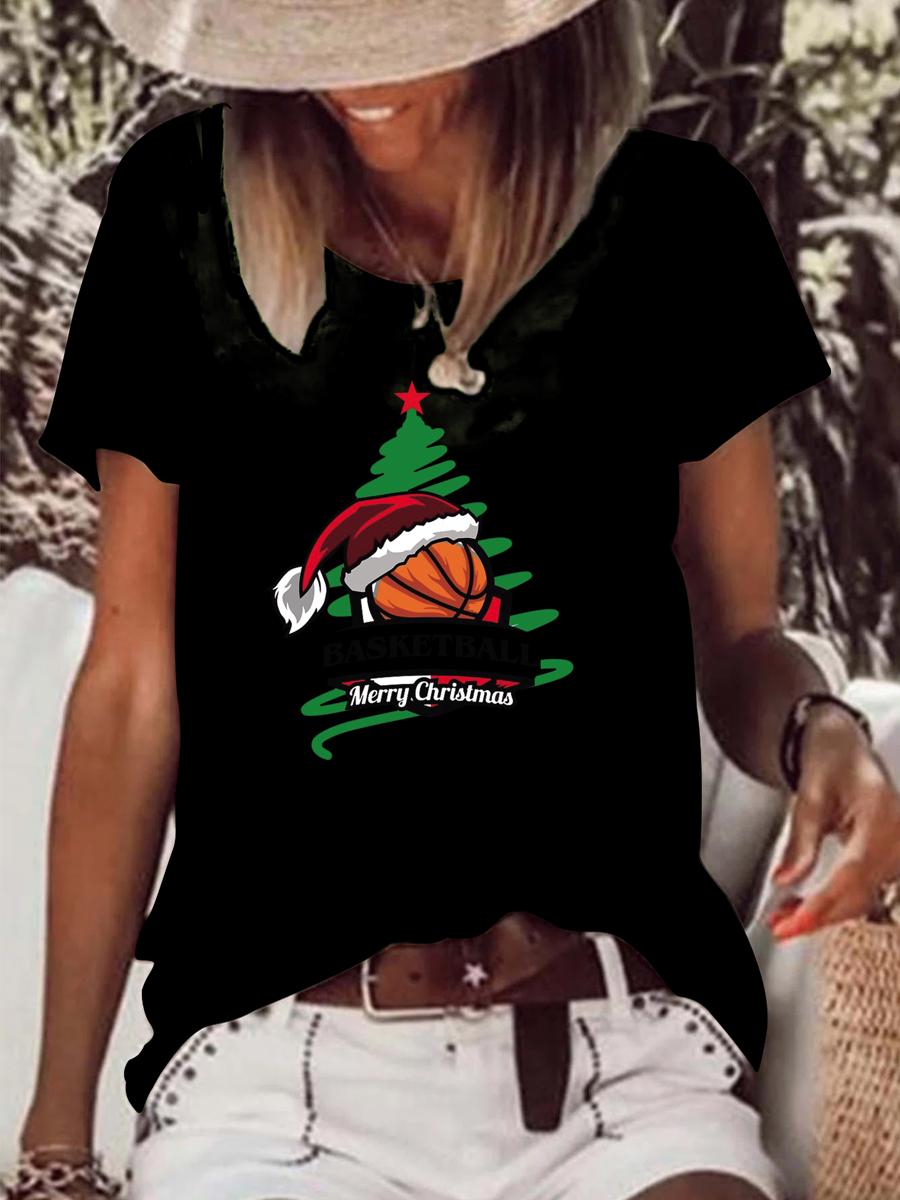 Basketball Christmas Tree Raw Hem Tee-Guru-buzz