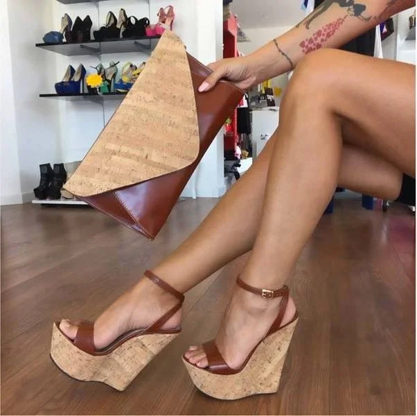 Tan Open Toe Ankle Strap Cork Wedges Platform Sandals |FSJ Shoes