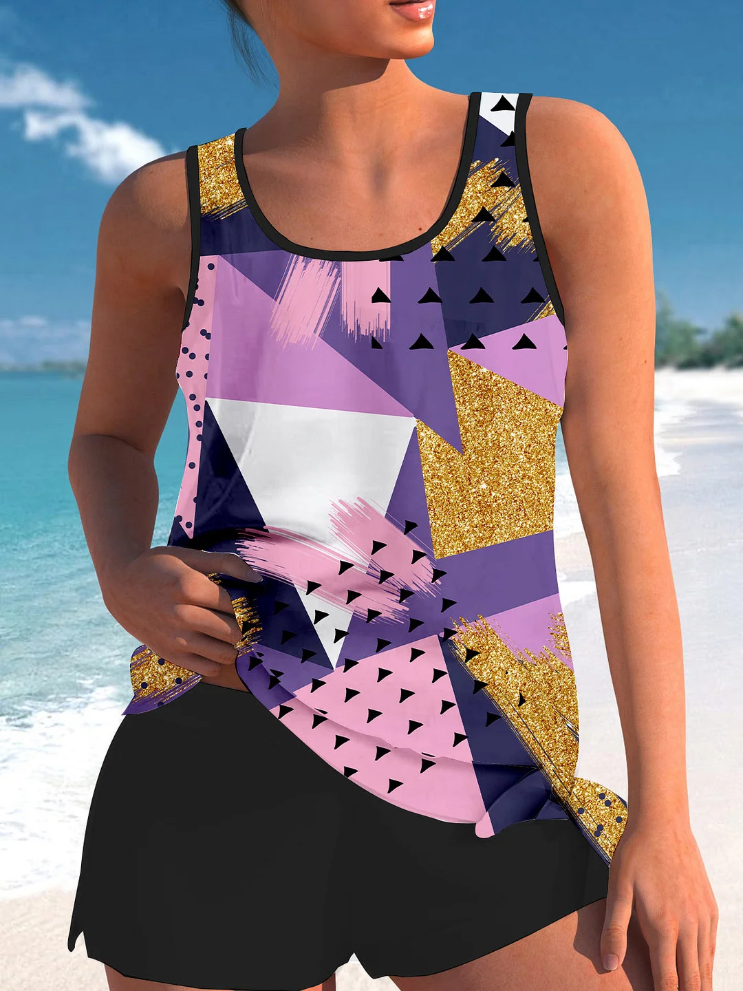 Bowknot Pink Graphic Printed Mid Waisted Tankini Set - Plus Size Available