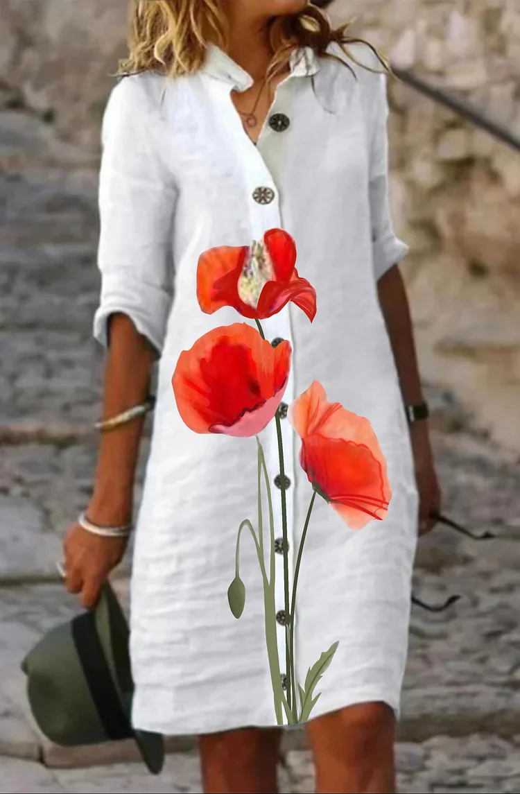 Red Flower Plain Cotton Casual Dress