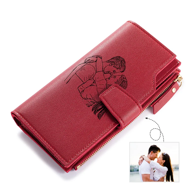Women Long Style Photo Wallets Custom Inscription Photo Engraved Wallet Red