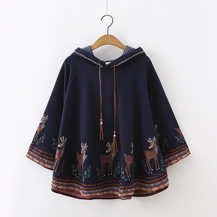 White/Light Grey/Navy Kawaii Sika Deer Hoodie Poncho S12872