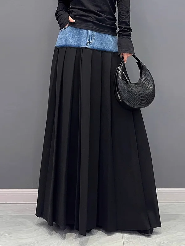 A-Line High Waisted Contrast Color Pleated Split-Joint Skirts Bottoms