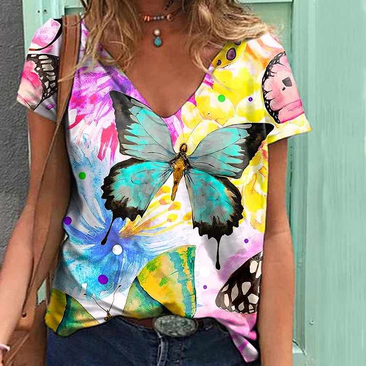 Vintage Butterfly Print Short Sleeve T-Shirt