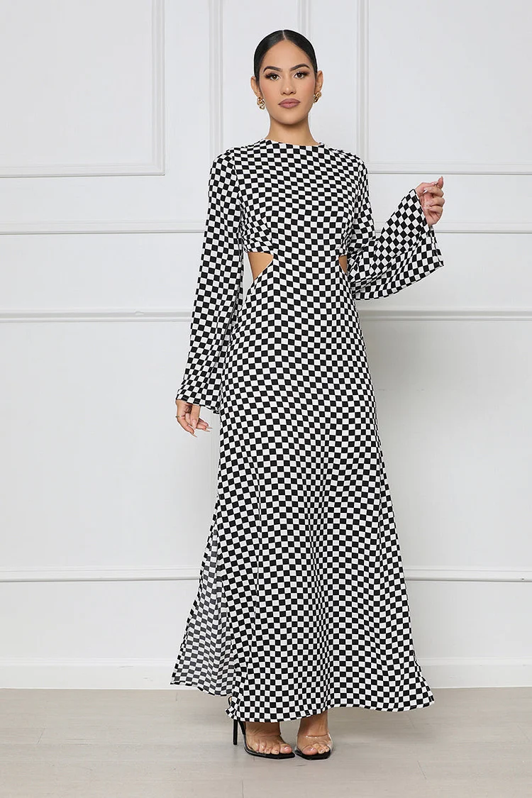 Checkered Print Cutout Long Sleeve Maxi Dresses