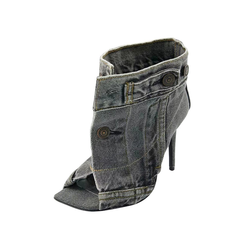 VCSHOES Grey Denim Ankle Boots Peep Toe Stiletto Heels Jeans Boots High Heel