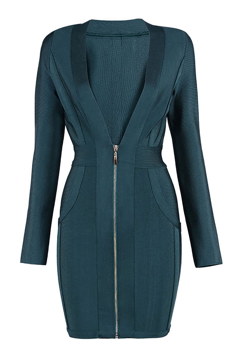 Dark Green Deep V-neck Mini Bandage Dress With Sleeves - BlackFridayBuys