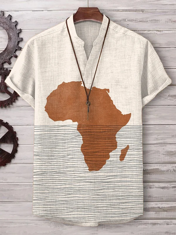 Men's Silhouette Outline Of Africa Print Linen Blend V Neck T-Shirt