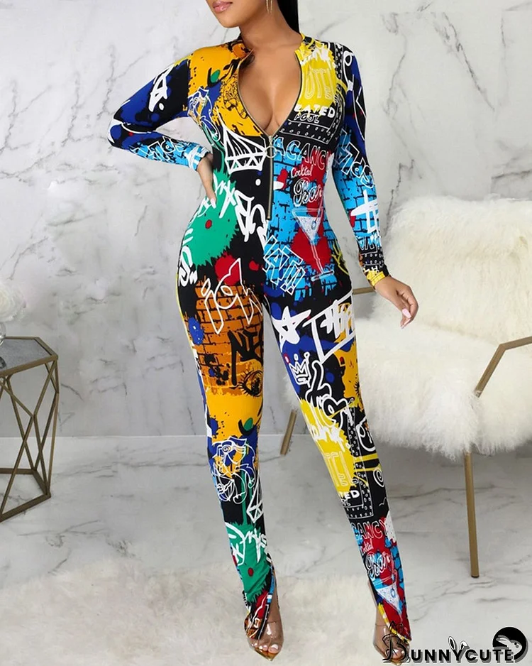 Women's Print Pocket Slit Tight Fitting Jumpsuit With Face Mask
