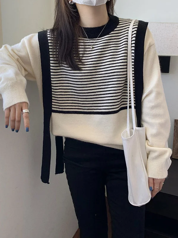 Original Roomy 4 Colors Striped Round-Neck Long Sleeves False Two Sweater Top