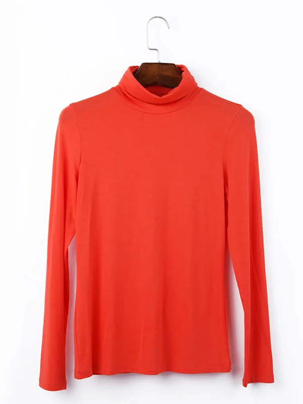 Simple Long Sleeves Skinny Solid Color High-Neck T-Shirts