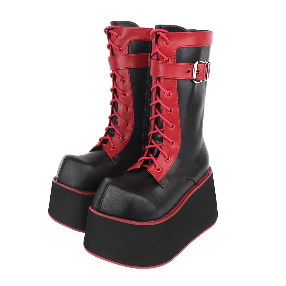 TAAFO Women Punk Motorcycle Cool Mid-calf Boots Woman High Heel Pumps Platform Shoes 10cm Big Plus Size Buckles Straps