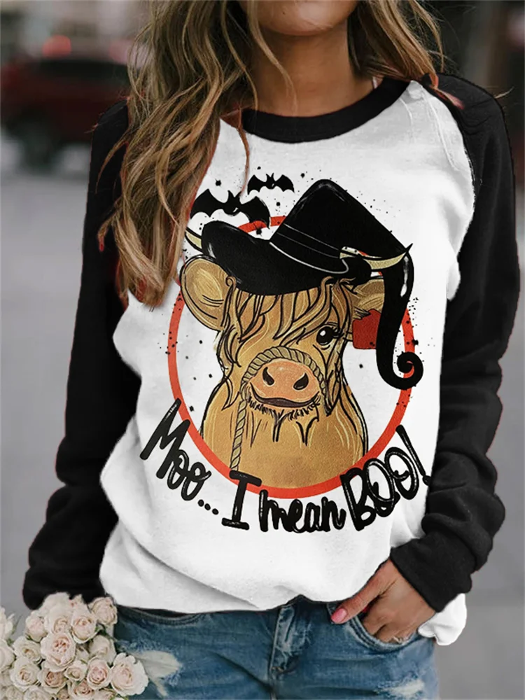 Vefave Halloween Cow Witch Moo I Mean Boo Sweatshirt