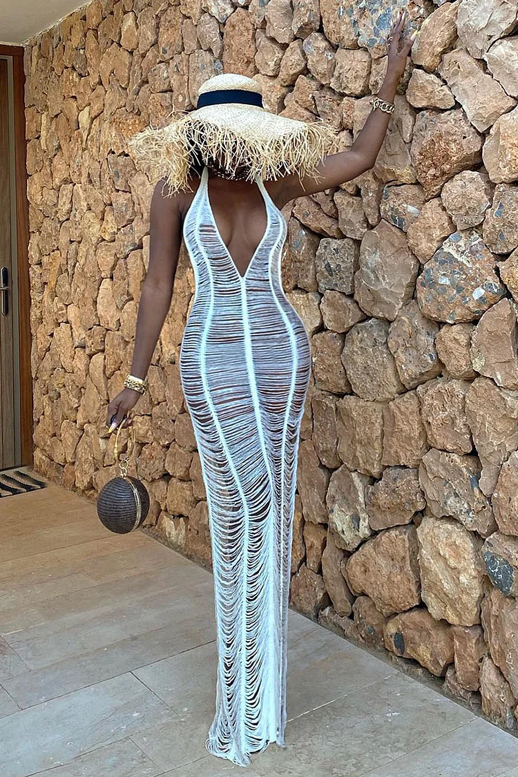 Knit Cut Out Halter Backless See Through Bodycon Cover Ups Beach White Midi Dresses