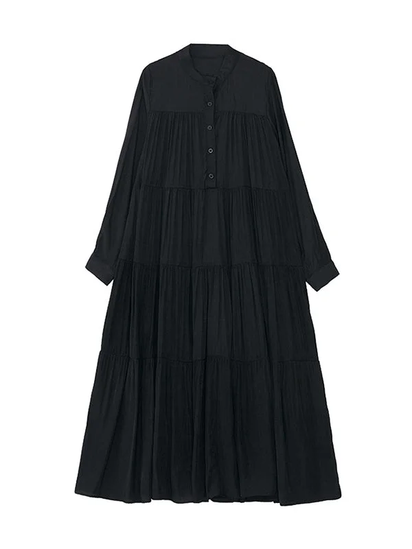 Buttoned Pleated Pure Color Split-Joint Tiered A-Line Long Sleeves Stand Collar Midi Dresses