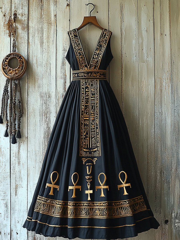 Women's Vibrant Egyptian Pharaoh Maxi Dress - Bold Colorful Print, Flowy Viscose main image 1