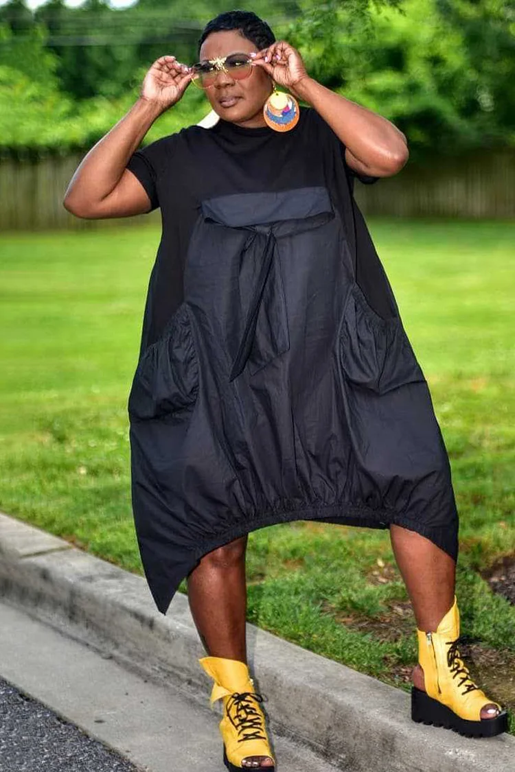 Short Sleeve Pocket Loose Fit Asymmetrical Hemline Casual Patchwork Midi Dresses