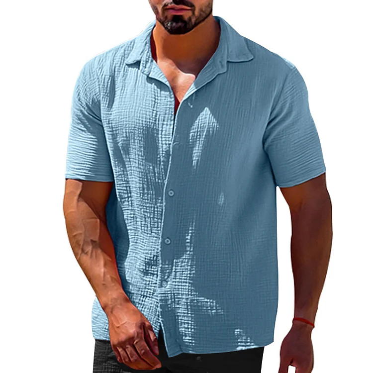Men's Summer Casual Lapel Solid Color Short Sleeve Button Up Men's Linen Shirt Men's socialshop