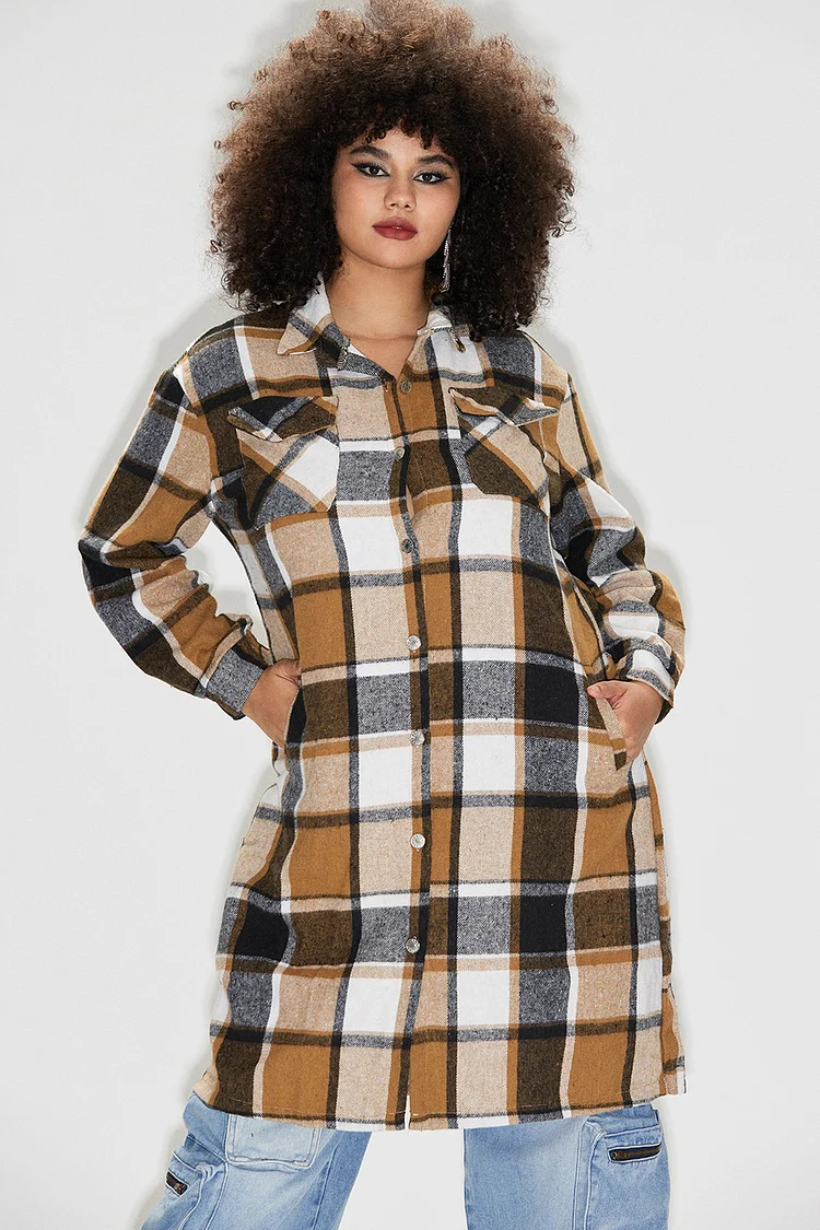 Plus Size Daily Overcoat Casual Khaki Tartan Midi Fall Winter Turndown Collar Long Sleeve Cotton Overcoat [Pre-Order]
