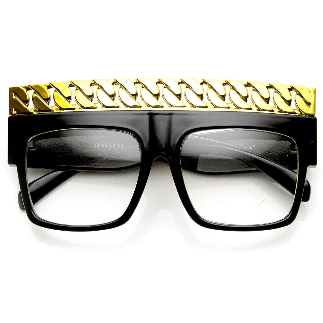 High Fashion Bold Chain Top Square Clear Lens glasses