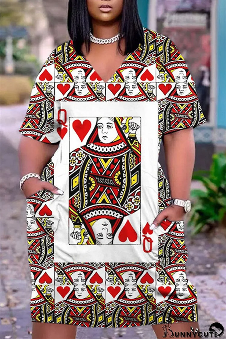 Red Fashion Casual Print Patchwork V Neck Short Sleeve Dress