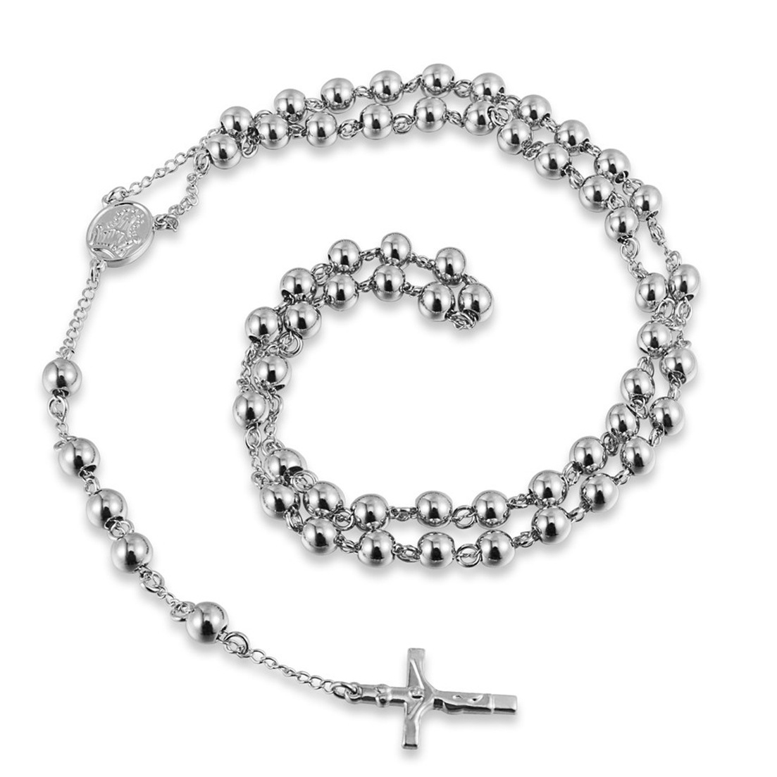 Sliver Titanium Stainless Steel Beads Rosary Necklace Crucifix