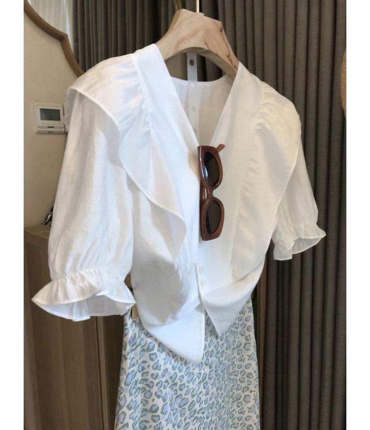 Set: Short Sleeve V-Neck Ruffled Blouse + Leopard Print Midi Skirt YP3930