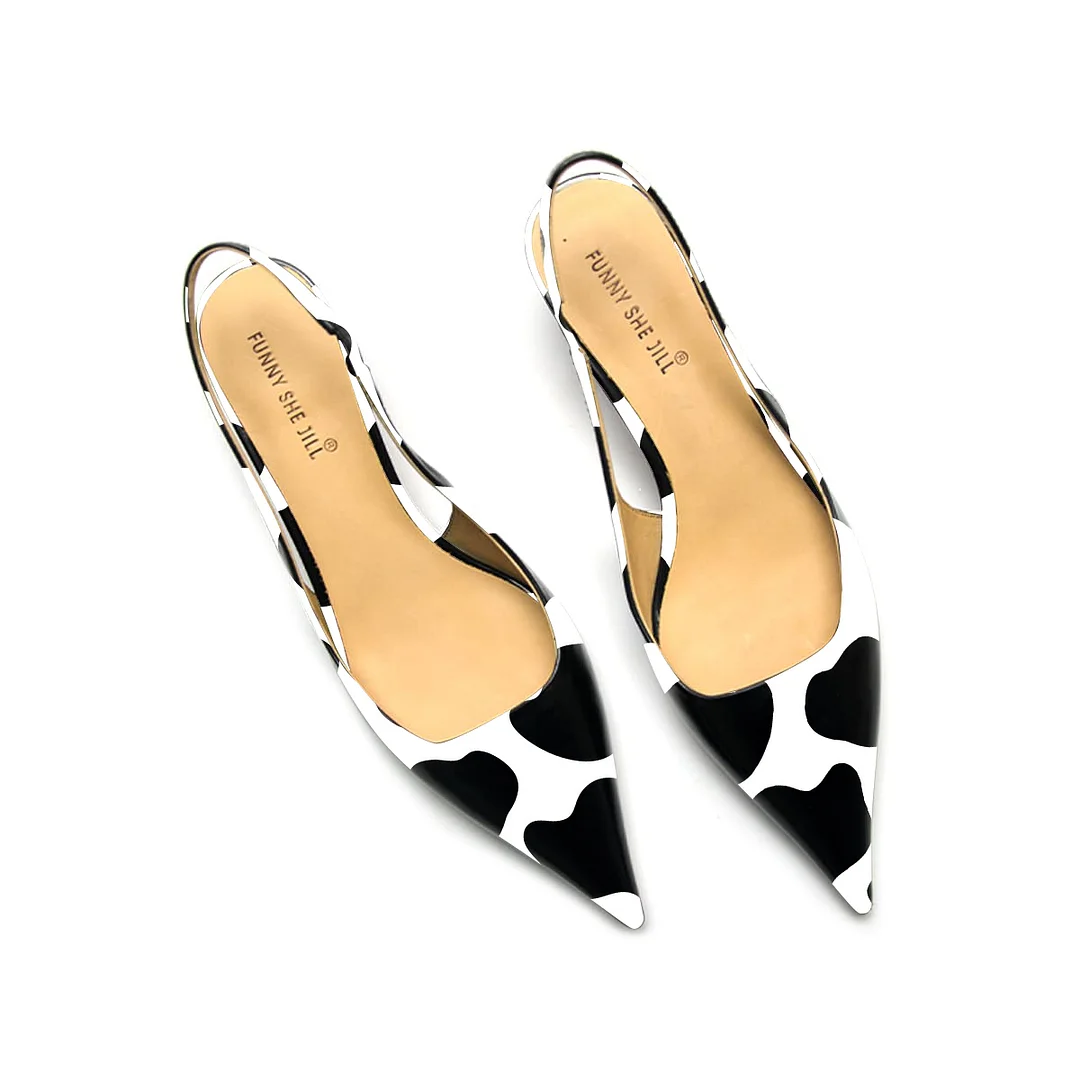 Black & White Patent Leather Pointed Toe Kitten Heel Slingbacks Nicepairs